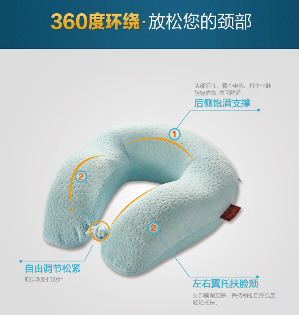 
                                        缦翎 U型枕头护颈枕午睡枕午休枕办公室睡觉颈椎枕记忆枕头（第三代） 第三代U形枕-清凉蓝                