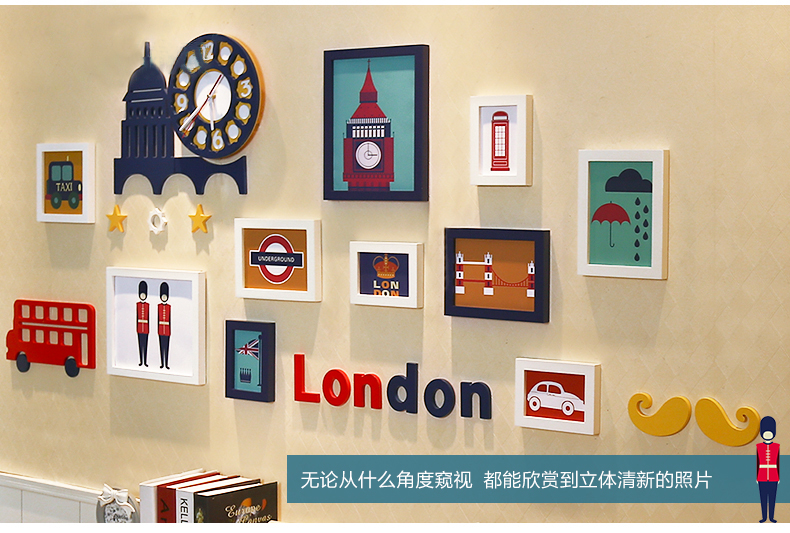 
                                        庭乐  英伦风格实木照片墙 相框墙创意组合相片墙欧式客厅相框挂墙 白蓝A款组合+送英伦画心                