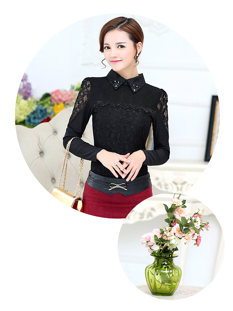 雅都衣舍 2015秋冬装新款女装娃娃领网纱蕾丝拼接打底雪纺衫女 红 色 M