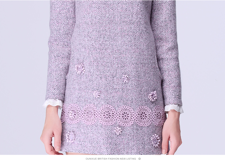 欧昵雪2015秋冬新款时尚修身蕾丝立领重工刺绣A字长袖连衣裙女 花色 M
