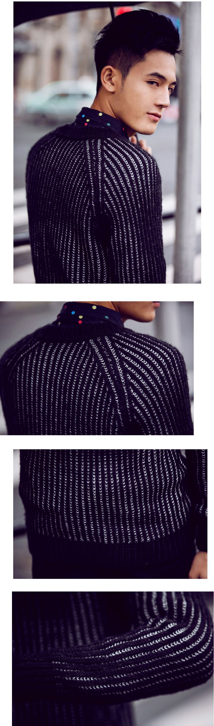 紫蝶依家 针织衫男 2015秋冬新款杂点竖条隔色毛衣 黑色 l