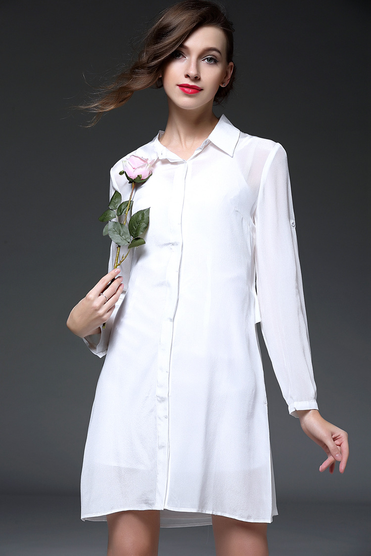 雅婷店欧洲站2016春装新款女装长裙欧美白色真丝雪纺长袖衬衫连衣裙