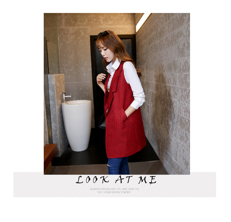 姬典  2015 秋冬亚棉麻日韩时尚马甲夹中长款女装红灰黑色韩版外套潮#328 黑色 L