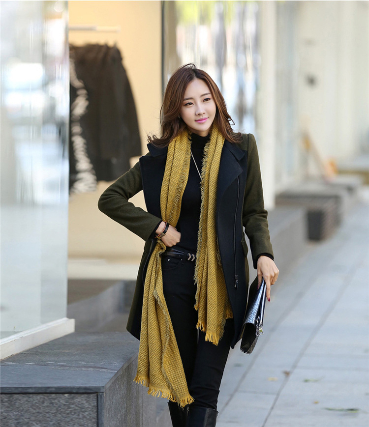 婕梦璐2016女装修身撞色中长款外套毛呢大衣女J810 军绿色 XL