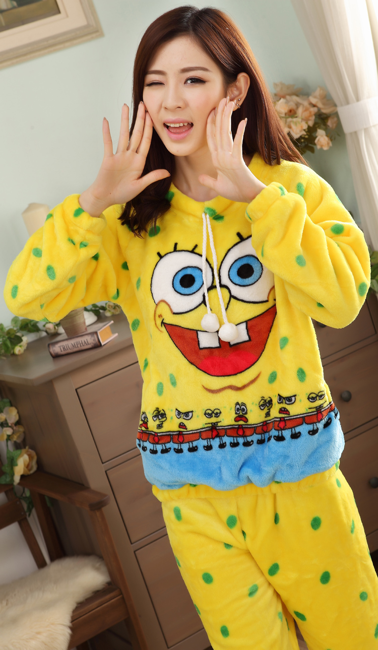 佧狄斯堡2015海绵宝宝睡衣可爱珊瑚绒睡衣长袖女法兰绒保暖两件套外贸