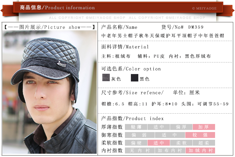 商品名称:中老年男士帽子秋冬天保暖护耳老人帽子中年爸爸帽爷颐北