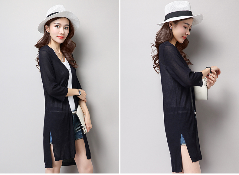 雪夕2016春夏新款韩版女装薄针织衫中长款开衫七分袖百搭外套 118