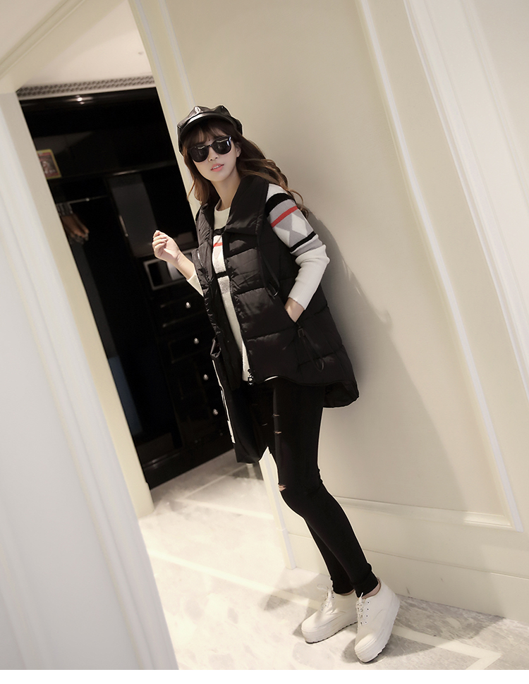 玖哲2015新款修身中长款马甲女连帽小清新百搭外套棉服 黑色 L