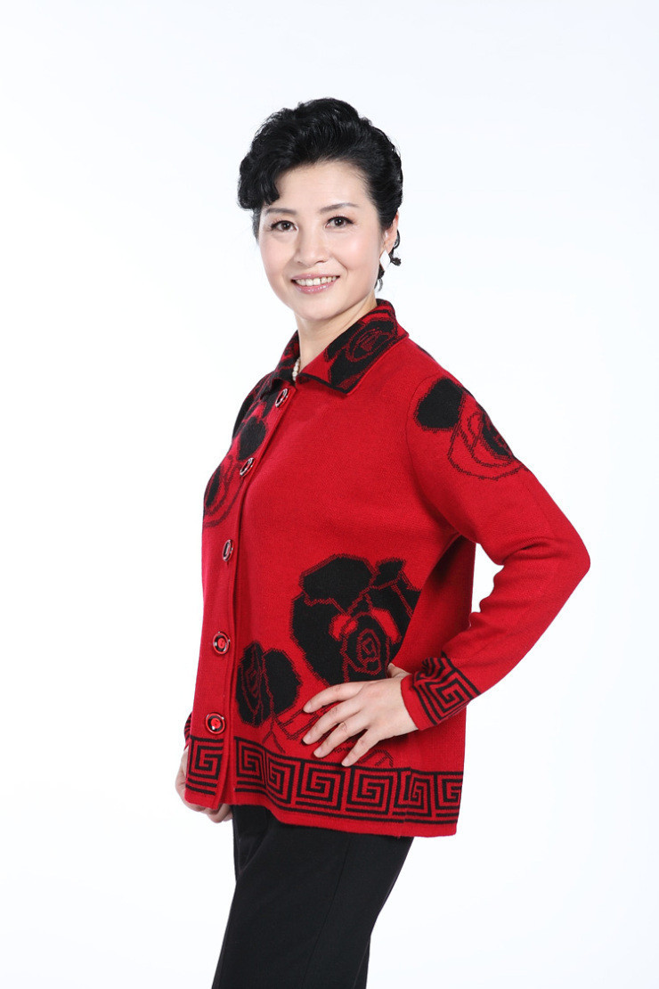 芮菡秋冬季女装新款中老年人羊绒衫大花老太太衫开衫毛衣老年衫外套