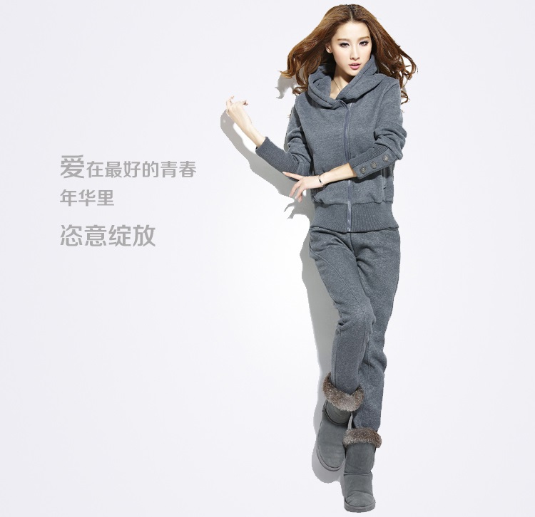 摩妍2015韩版大码休闲套装加厚运动套装加绒卫衣套装女冬装外套 灰色 M