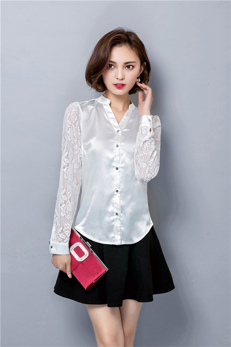 美姬儿2016春装新款韩版修身蕾丝气质长袖衬衫女真丝衬衣职业大码寸衣