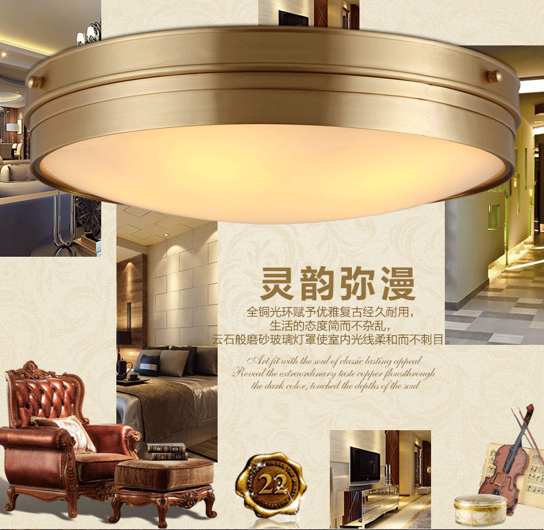 
                                        雄能 美式卧室吸顶灯欧式客厅卧室书房全铜灯现代简约超薄led圆形灯 D 直径30公分                