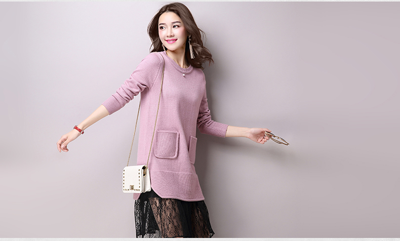 雪夕2016春装新款女装圆领纯色长袖毛衣 中长款打底衫针织衫 138 酒