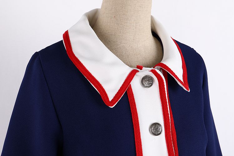 九月服饰店*名媛淑女气质单排扣外套半身短裙小香风时尚学院两件套装 深蓝色 S