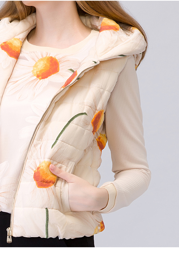 拍普儿 冬季2015新品女装优雅时尚连帽棉服短款印花马甲棉衣 花色 M