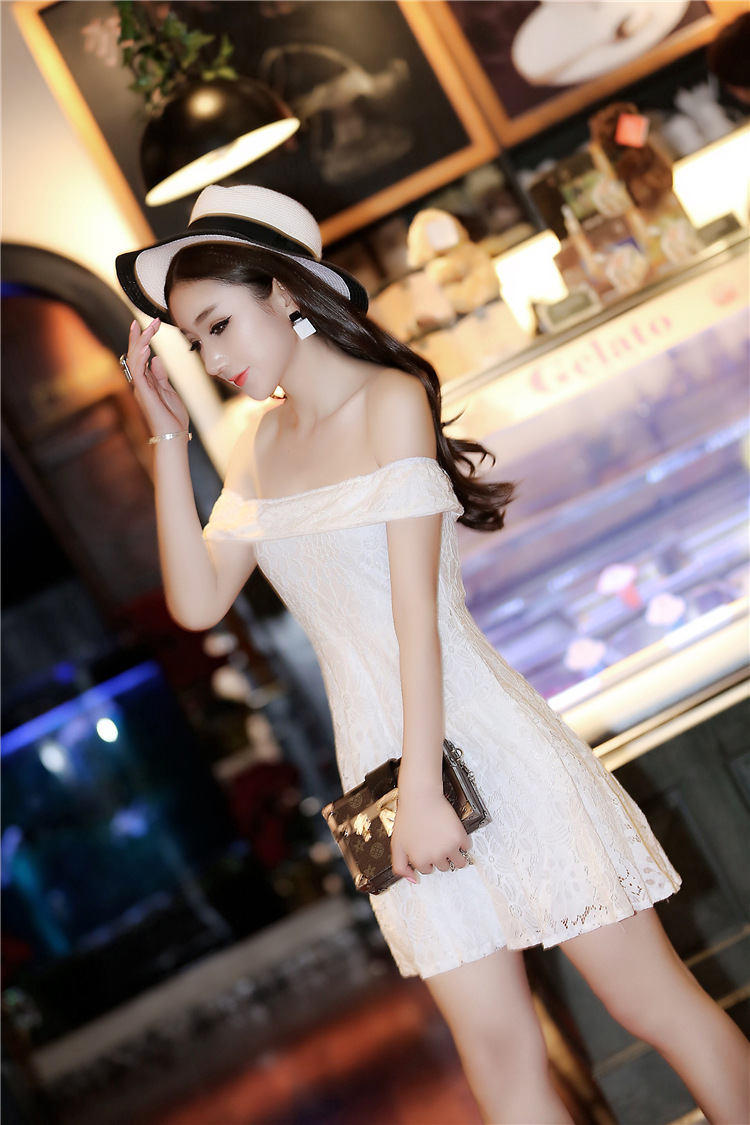 素兰黛2016春新款欧美性感一字领露肩蕾丝钩花显瘦摆摆连衣裙 白色