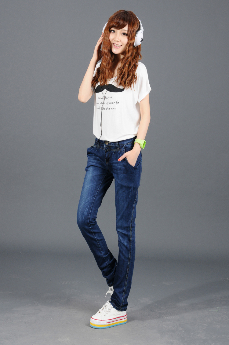 春秋新款高腰哈伦牛仔裤女韩版宽松弹力显瘦学生小脚裤女士哈伦裤 浅