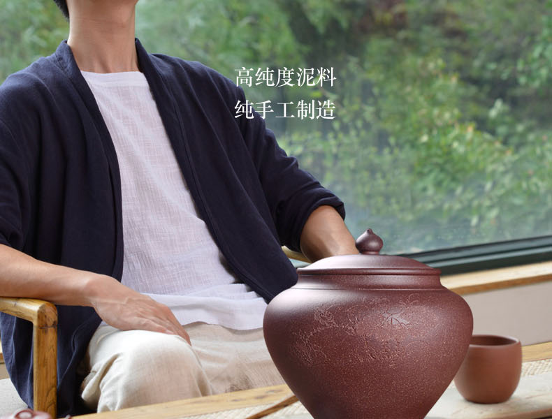
                                        宏中（hongzhong） 宜兴紫砂 茶叶罐 大号 普洱茶缸 存茶罐 茶叶桶 醒茶茶缸 紫泥-鸟语花香                