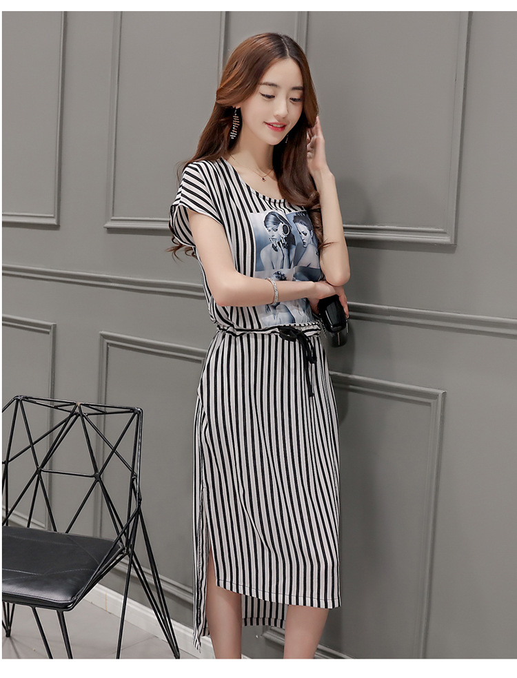 艾琳雪如条纹圆领短袖修身x型宽松连衣裙2016年夏季 黑条 m
