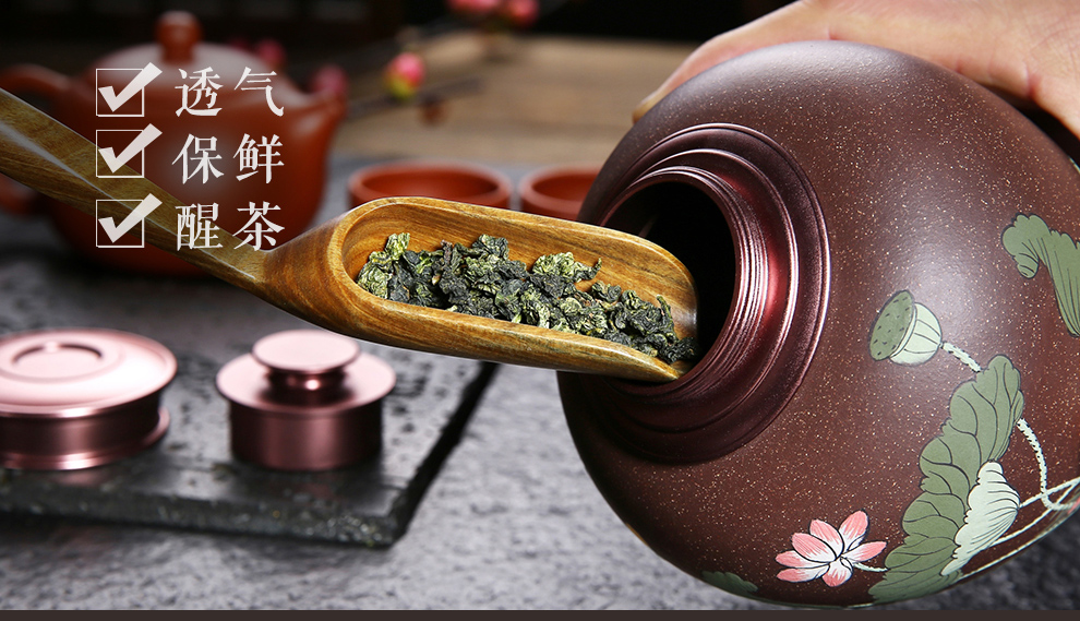 尊壶紫砂茶叶罐锡罐 手工花瓶彩绘荷花锡口罐普洱茶密封罐 紫泥