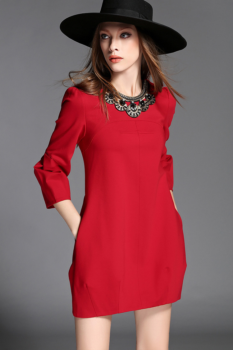 zoznymex女装2016春夏新款时尚弹力修身宽松腰灯笼裙直筒连衣裙 红色