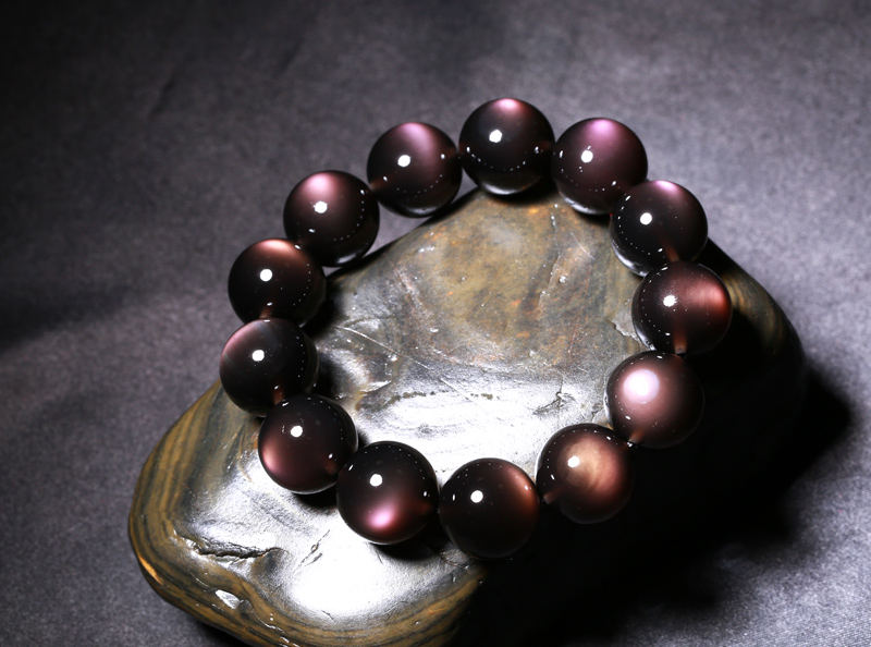 紫红眼冰种黑曜石手链 天然黑曜石霸气男款18mm男士手串