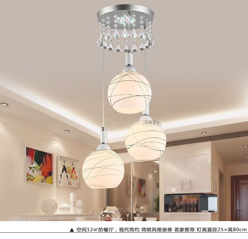 经典茗家灯饰现代简约三头餐厅吊灯创意餐桌灯吧台灯饭厅楼梯过道玻璃餐吊灯D11 圆底盘(水晶版) 灯具+黄光led灯泡