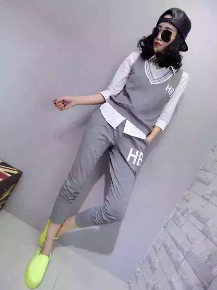 全美高丝欧洲站时尚休闲三件套装 个性背心+衬衣+小夸裤 黑色 M