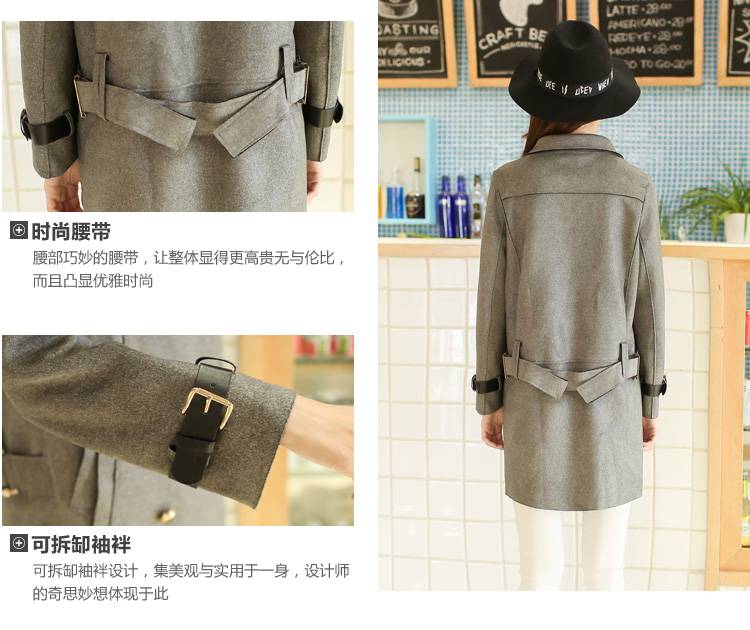 沐沐胡同鹿皮绒外套女2015秋冬中长款风衣修身显瘦双排扣大衣 灰色 XXL