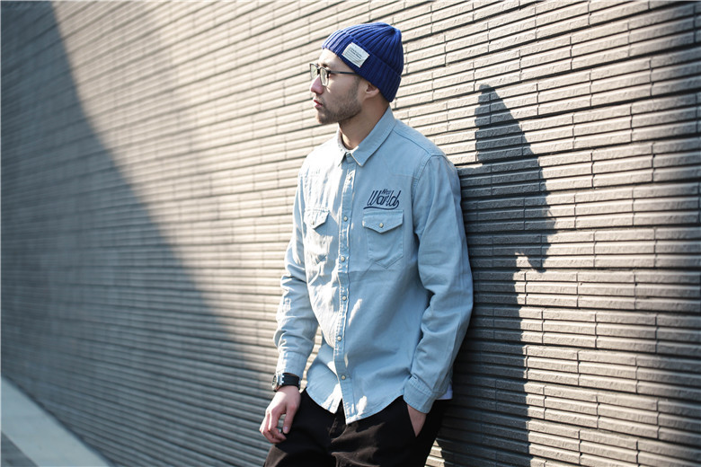 pipes jones 春款男装牛仔衬衫男欧美休闲简约翻领长袖宽松衬衣 浅