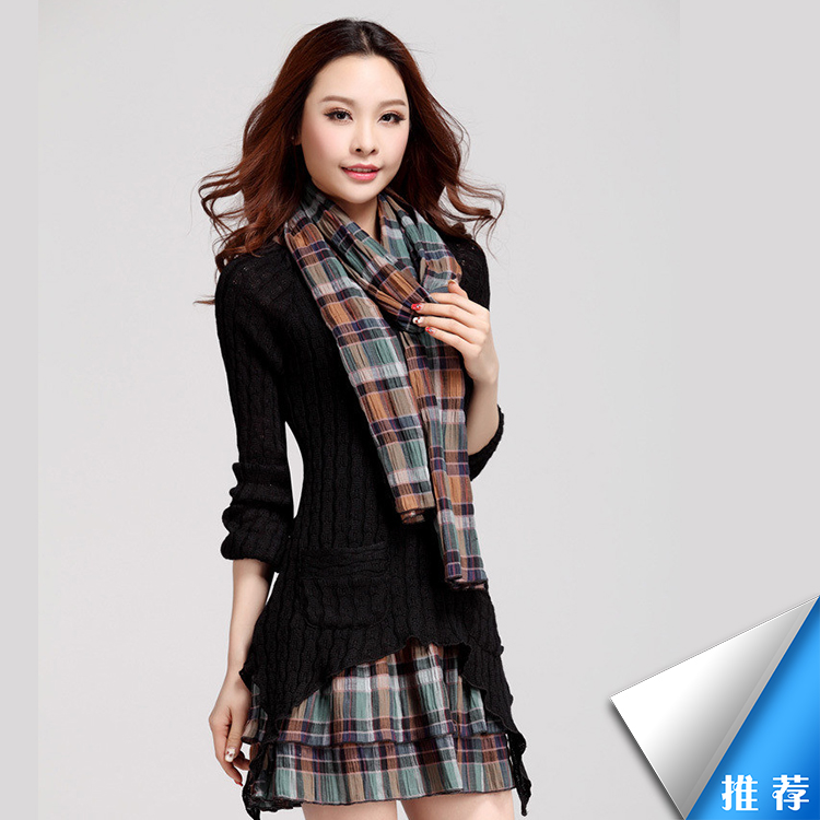 麦诺诗 2016秋冬季新款女装秋款百搭修身打底连衣裙镂空针织假两件套毛呢花边长袖连衣裙 灰色 M