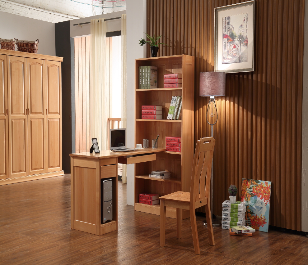 安居馨 电脑桌 实木书桌 书柜组合 榉木书房家具 儿童学习桌 原木色 j