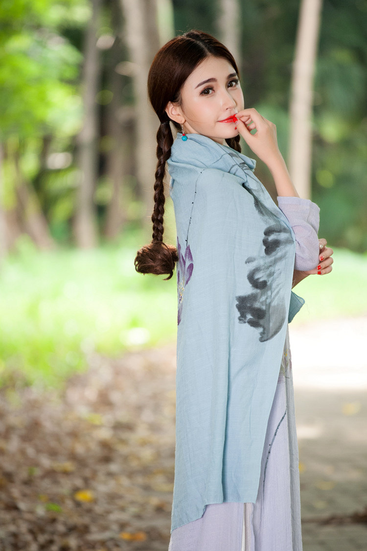 红晶灵2016新款森女风仙女范民族中国风原创手绘印花围巾披肩9315 蓝色