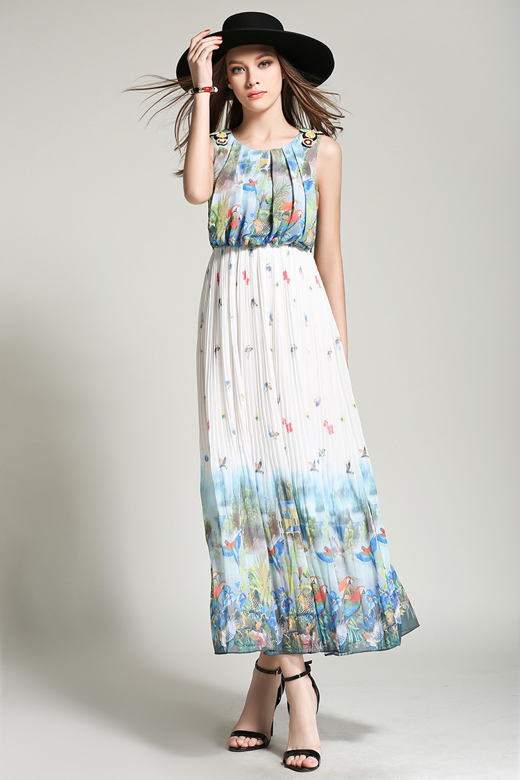 宝芮雅莉2016春夏季新款 欧洲站百褶圆领雪纺印大花连衣裙西米亚长裙