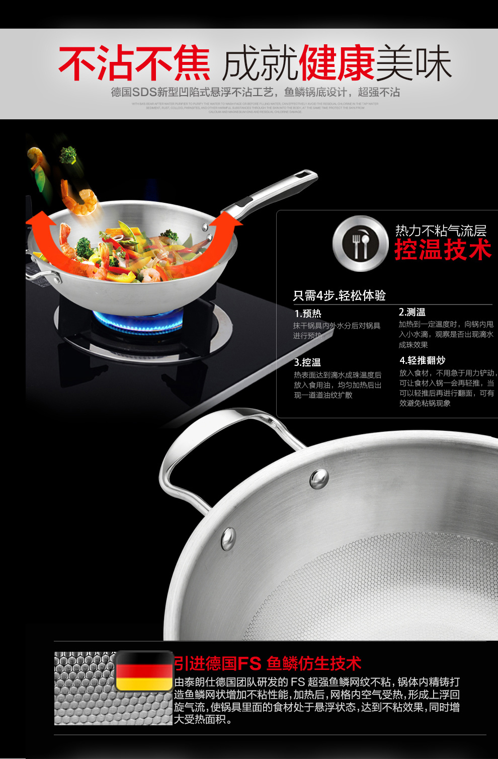 泰朗仕德国五层不锈钢炒锅平底不粘锅无涂层无油烟电磁炉通用锅具 套锅带盖  德国FS鱼鳞仿生工艺