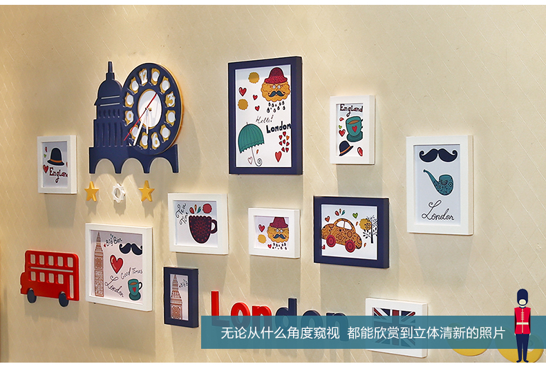 
                                        庭乐  英伦风格实木照片墙 相框墙创意组合相片墙欧式客厅相框挂墙 白蓝A款组合+送英伦画心                
