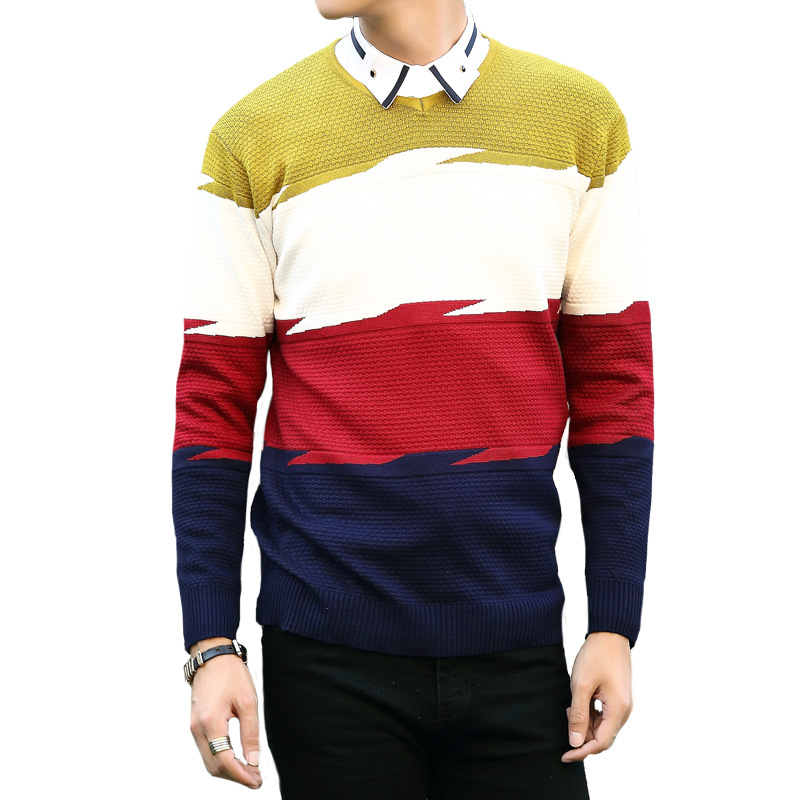 男装 针织衫 迈俊 迈俊修身拼色圆领套头针织衫男长袖纯棉条纹 217