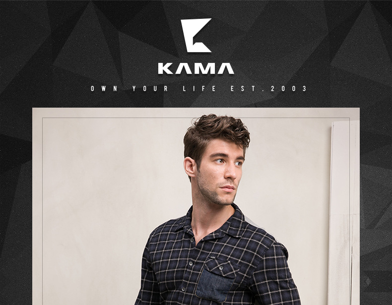 卡玛kama 男士 经典时尚格子拼接 百搭休闲男衬衫2315818 蓝色 l