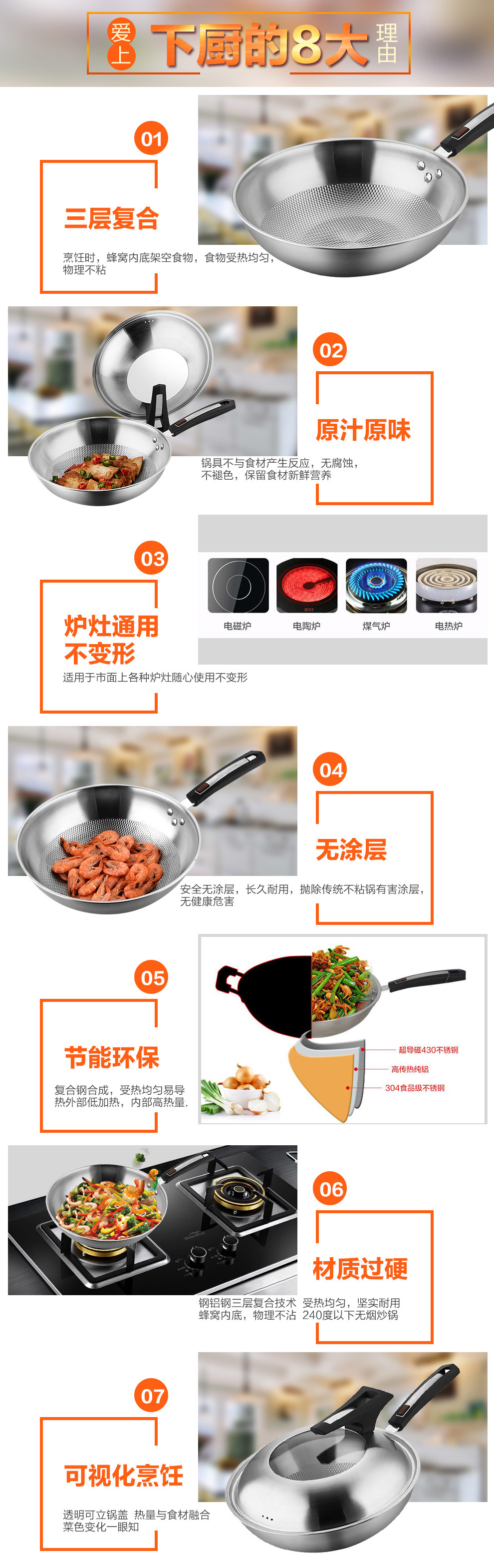 
                                        荣事达（Royalstar） 三层304不锈钢炒锅 健康无涂层 少油烟电磁炉通用RSD1132SG 32cm升级款平底                