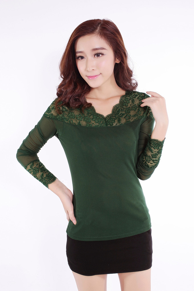卜华2015新款韩版蕾丝网纱长袖t恤版大码打底衫nc10a1d68612 墨绿色 l