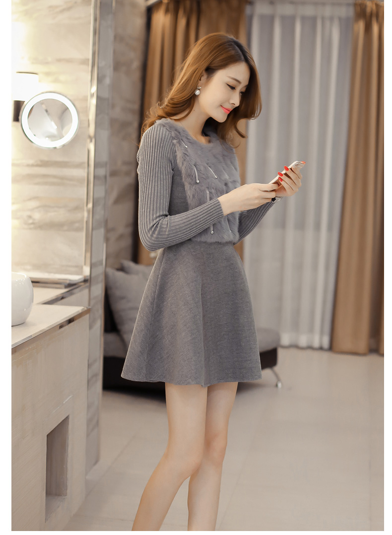 衣与草时尚套装裙子大码韩版女装秋款春秋季连衣裙秋冬2016新款印花针织衣服长袖秋装职业套裙 藏青色 M
