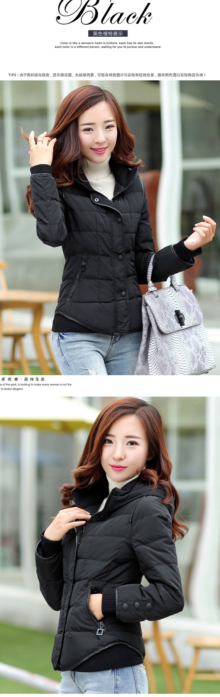 锐薇2016春季新款短外套女修身显瘦加厚羽绒棉服女W208 藏蓝色 L