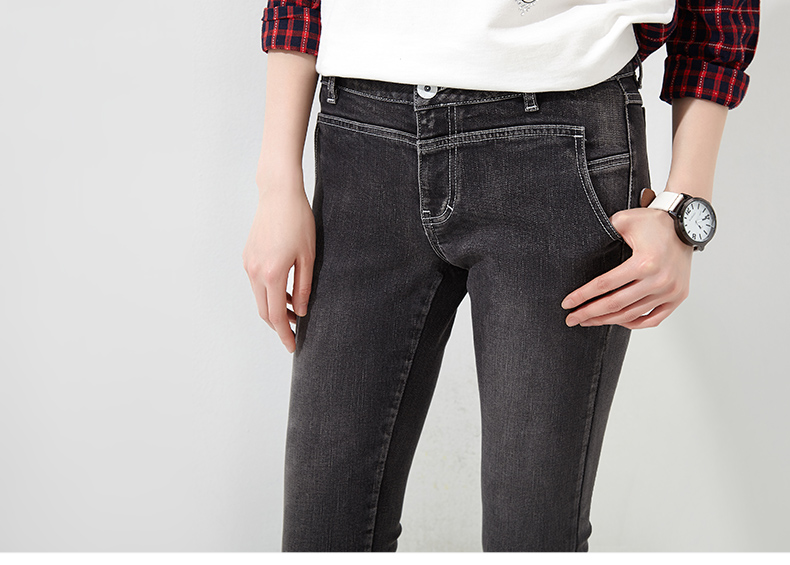 初语黑灰色牛仔裤女秋2015铅笔裤 修身显瘦简约纯色小脚牛仔长裤女