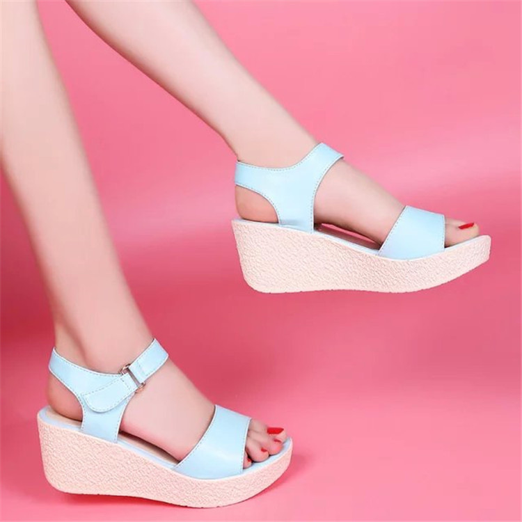 夏季新款简约女鞋2016鱼嘴凉鞋女坡跟纯色甜美搭扣凉鞋b 蓝色 36