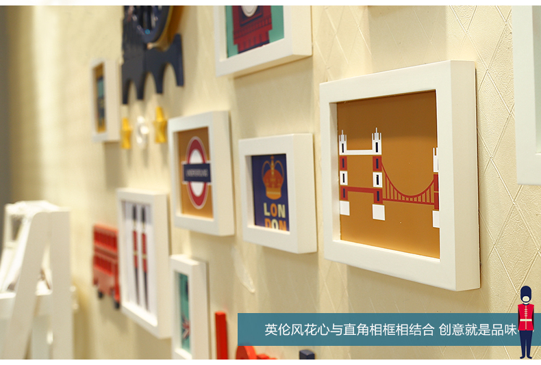 
                                        庭乐  英伦风格实木照片墙 相框墙创意组合相片墙欧式客厅相框挂墙 白蓝A款组合+送英伦画心                
