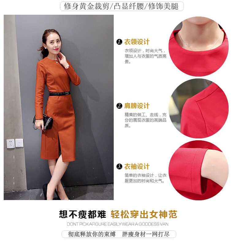梵倲2015秋冬新款女装韩版修身a字长袖连衣裙秋中长款大码包臀针织裙XF08 铁锈色 L