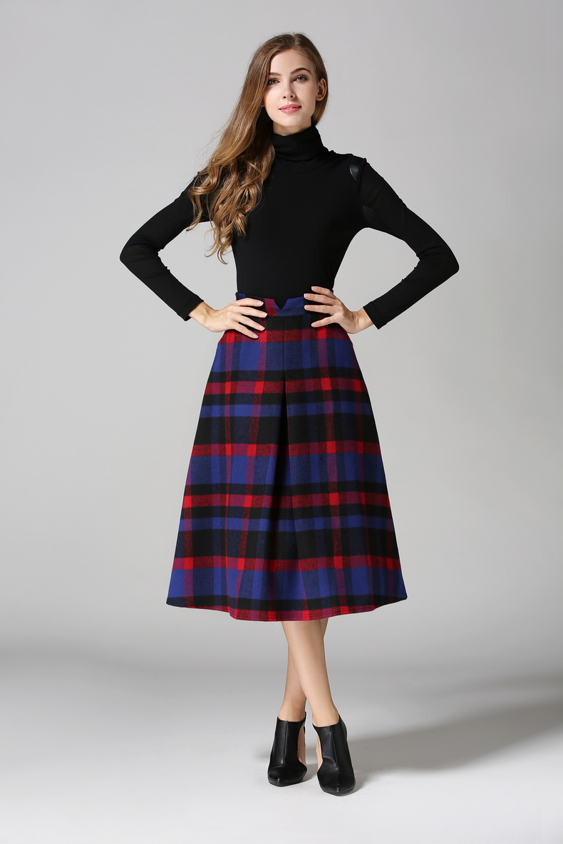 2015冬装新款女装文艺羊毛呢格子长裙 修身显瘦大摆裙半身裙fz249