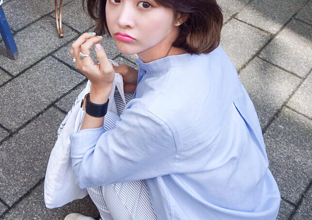 麦拉迪2015秋装新款女装简约纯色宽松百搭休闲立领棉麻衬衫女衬衣8865 天蓝色 XL