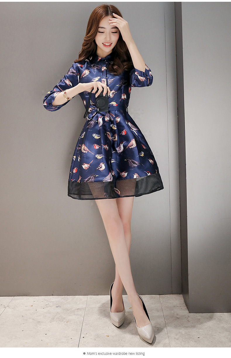 雪夕欧洲站春夏女装气质蓝色衬衫连衣裙显瘦蝴蝶结清新印花a字裙夏