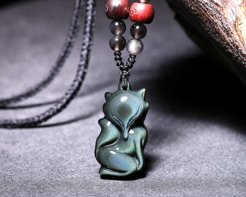 慈灵阁蓝眼黑曜石狐狸吊坠水晶饰品项链九尾狐曼唯夜冥黑狐礼物